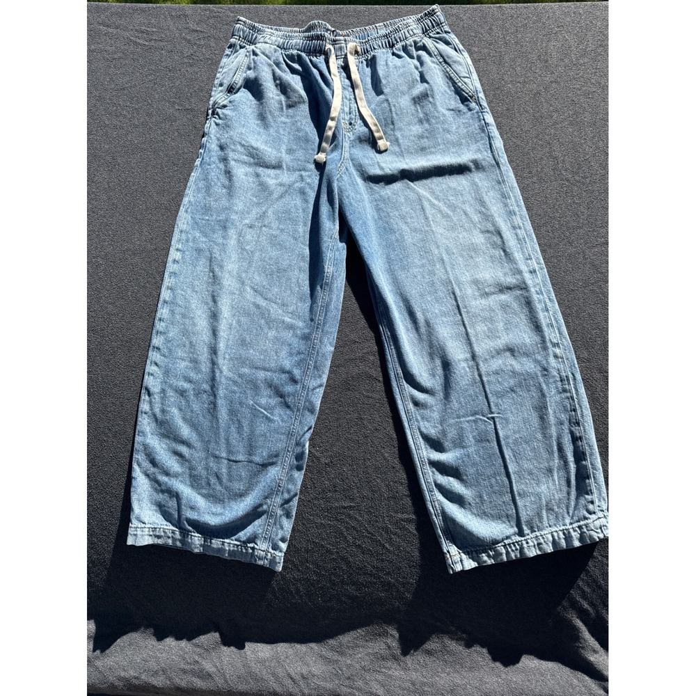GAP Denim High Rise Wide-Leg Pull On Pants Light Wash Blue Drawstring L worn 1x